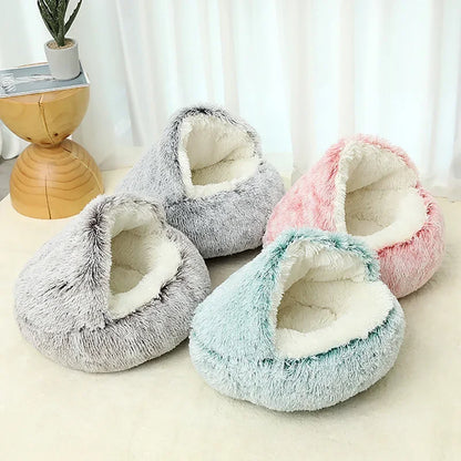 Winter Plush Pet Bed Round Cushion House 2 In 1 Warm