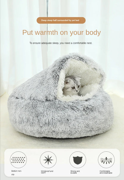 Winter Plush Pet Bed Round Cushion House 2 In 1 Warm