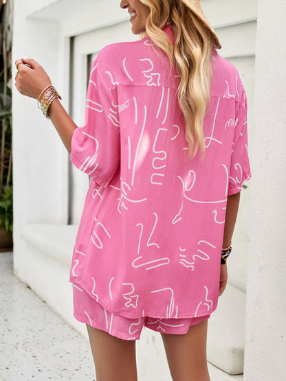 New women's resort lapel short-sleeved shirt shorts