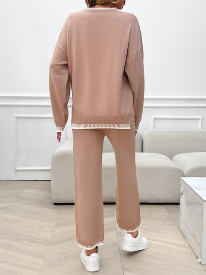 Women's Fashion Casual Contrast Color Sweater Pants Set